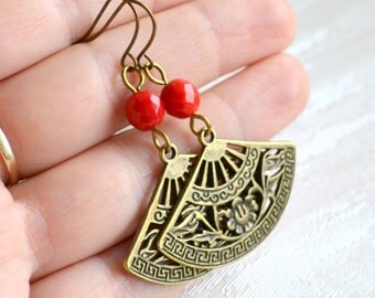 Coral earrings Red boho earrings Bohemian jewelry Red Fan earrings Rustic earrings Gypsy jewelry Christmas gift for her Dangle earrings