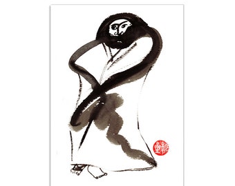 Bodhidharma, Zen Chinese patriarch Buddha, original zen painting, sumi ink, japanese art, inspirational art, zen decor, taoist, buddhist art