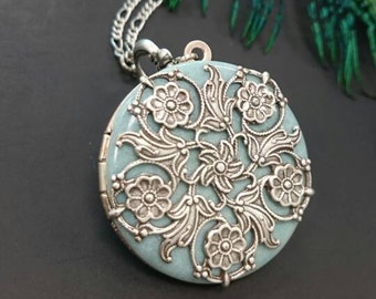 Floral Antique silver tone Vintage Locket Necklace pastel light blue Filigree Locket something blue - Vintage Ornate Locket.