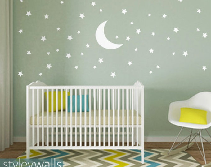 Stars and Moon Wall Decal, Stars Wall Decal, Moon Wall Decal, 70 Stars and Moon Wall Sticker for Nursery Baby Room, Kids Night Wall Decal