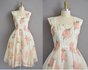 50s pink floral hydrangeas chiffon vintage dress / vintage 1950s dress