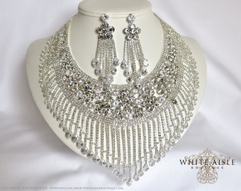 Wedding Jewelry Set, Crystal Necklace, Bib Necklace, Cubic Zirconia Bridal Statement Necklace Earring Set, Vintage Style, Hollywood Necklace