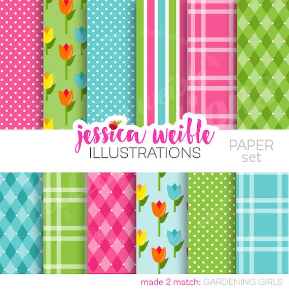 Gardening Girls Cute Digital Papers for Commercial or Personal Use, Flower Pattern, Spring Backgrounds Il_570xn