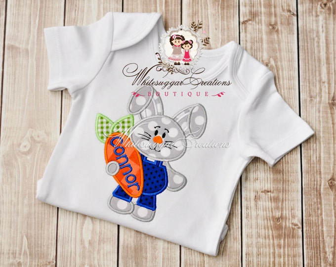 Boy Easter Bunny in Jumpsuit Shirt - Custom Bunny Personalized shirt - Bunny Carrying Carrot - Easter Boy Shirt