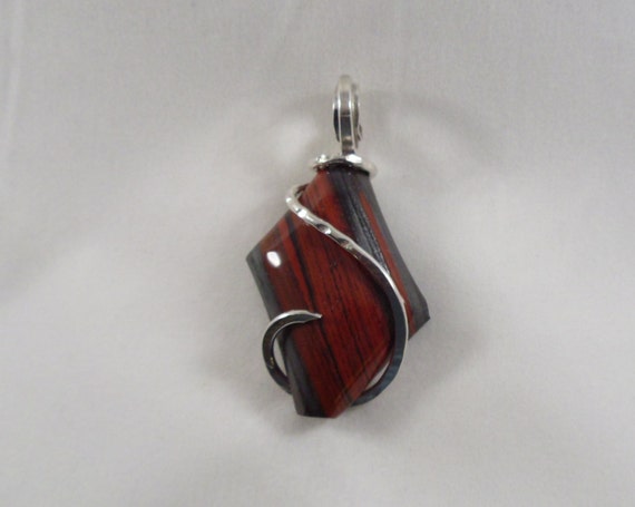RED Stripes on Grey in Cold Forged Sterling Silver Pendant