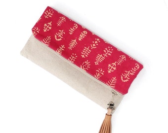 Fold Over Clutch, Foldover Clutch, Fuschia Pink Batik Print, Cotton Linen, Evening Clutch, Folded Handbag