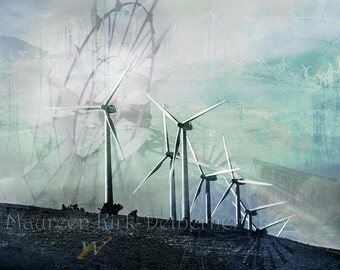 Windmill art photo, wind farm photograph, 16 x 24 large print, award winner, wind turbines, modern decor, collage photo art, aqua blue