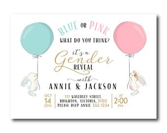 Gender Reveal Invitation. Gender Reveal Party, Baby Reveal, Pink or Blue? Rabbits, Bunny, Gender Reveal Invite, 0601