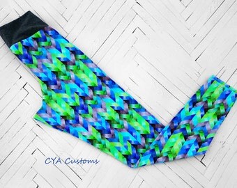 Chevron leggings women's size L 12-14 cotton fall summer leggings pants green blue gray bright colorful leggings large yoga activewear