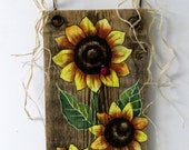 Sunflowers Yellow, Tole Painted on Reclaimed Barn Wood, Summer Time Flowers, Reclaimed Wood, Three Yellow Sunflowers and Red Lady Bug