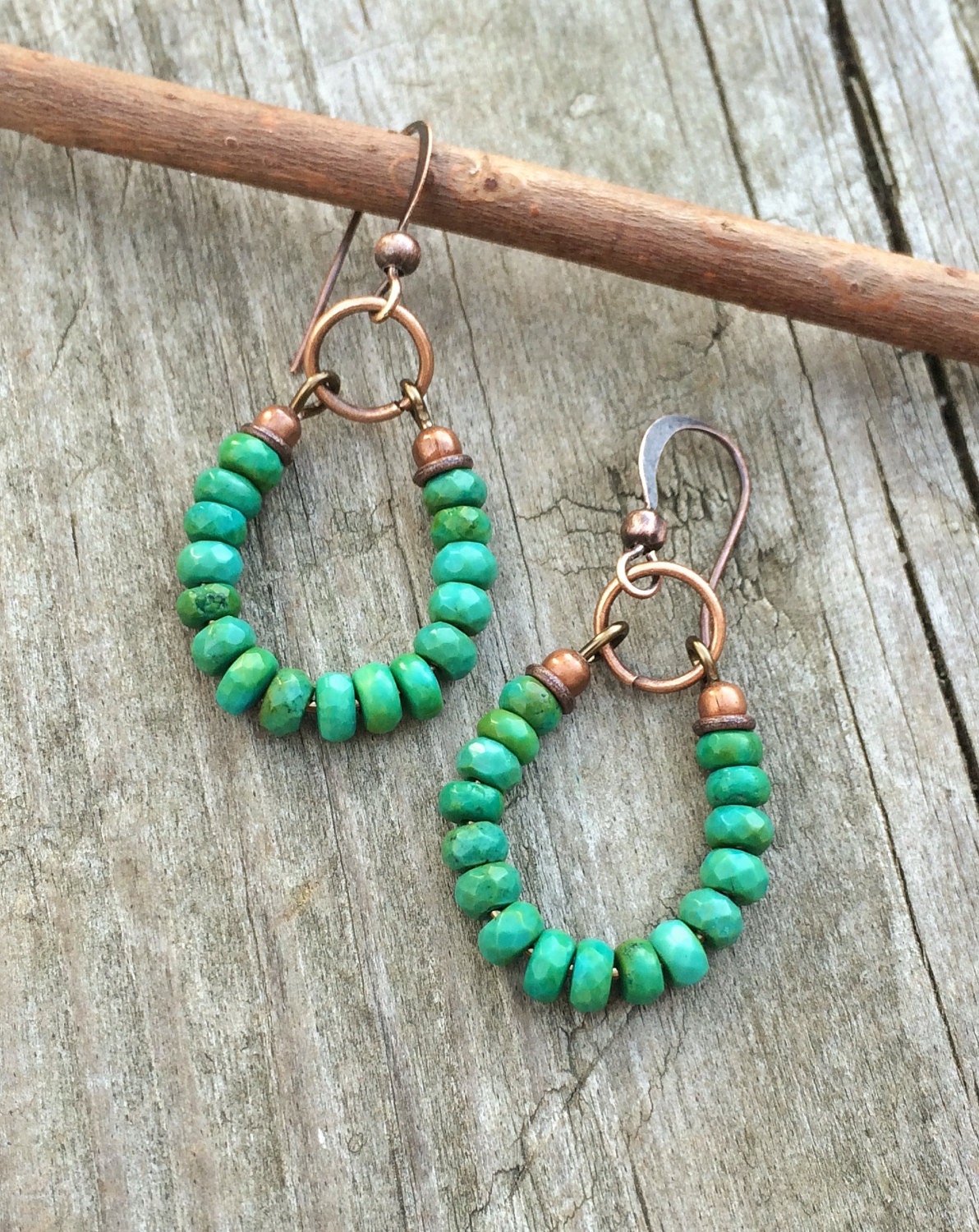 Turquoise Earrings Blue Green Turquoise and Copper Hoop