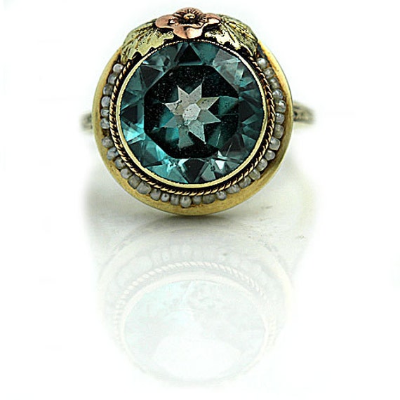 Antique Blue Zircon Ring Unique Engagement Ring by ArtDecoDiamonds