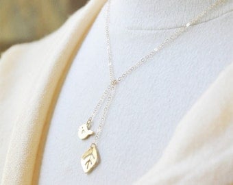 Tiny Bird Leaf Lariat Necklace/ Bird Necklace/ Leaf Necklace/ Gold Necklace/ Gold Lariat/ Tiny Charm Necklace/ Dainty Necklace/Cute Necklace