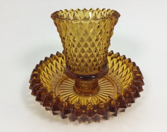 Vintage Diamond Point Amber Votive Candle Holder Peg Light Indiana Glass