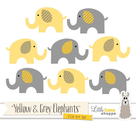 Yellow &amp; Grey Elephant Clipart Yellow Gray Nursery Decor
