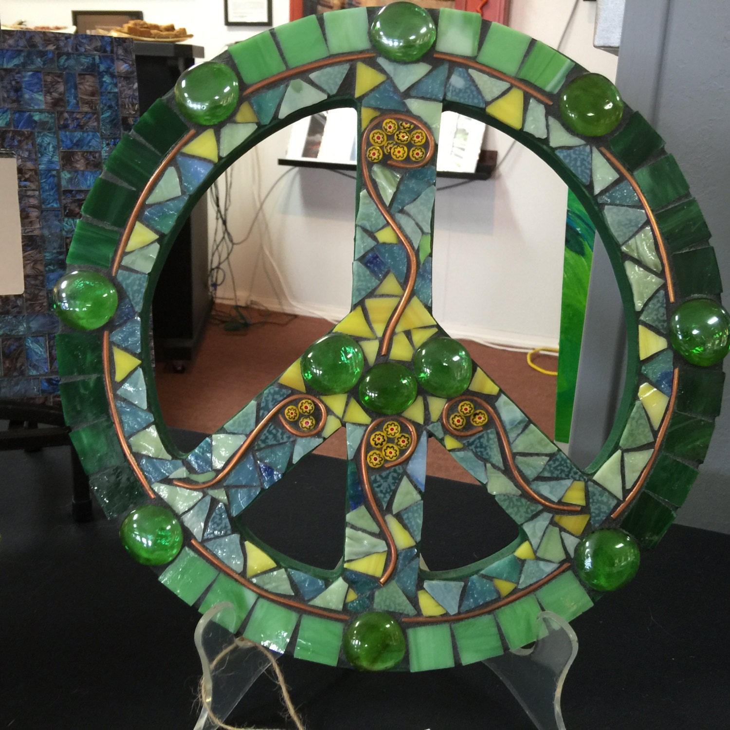 Peace Sign Stained glass mosaic with copper on 12 inch MDF