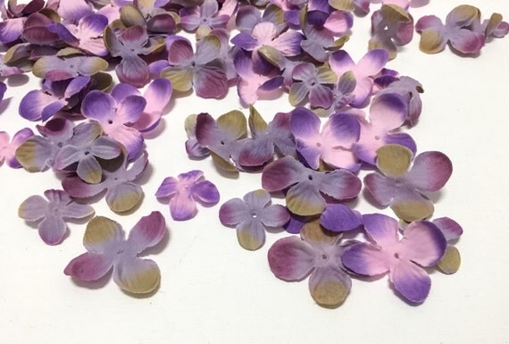 Artificial flower blossoms - 70 hydrangea blossoms in purple pink and khaki BlissfulSilks in Etsy Studio