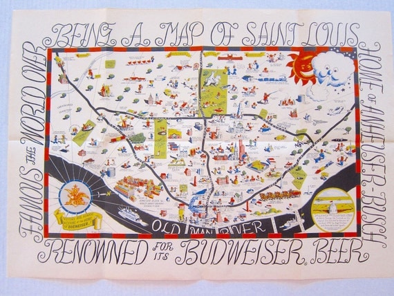 Vintage Souvenir Cartoon Map of St Louis Budweiser Promotional