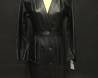 80’s Jet Black Soft Lambskin Leather Midi Coat by Vakko