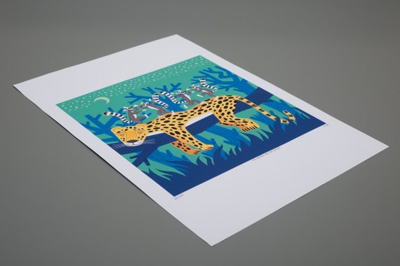 The Leopard and The Lemurs - Children's Animal Art - Limited Edition Print by Oliver Lake - iOTA iLLUSTRATION