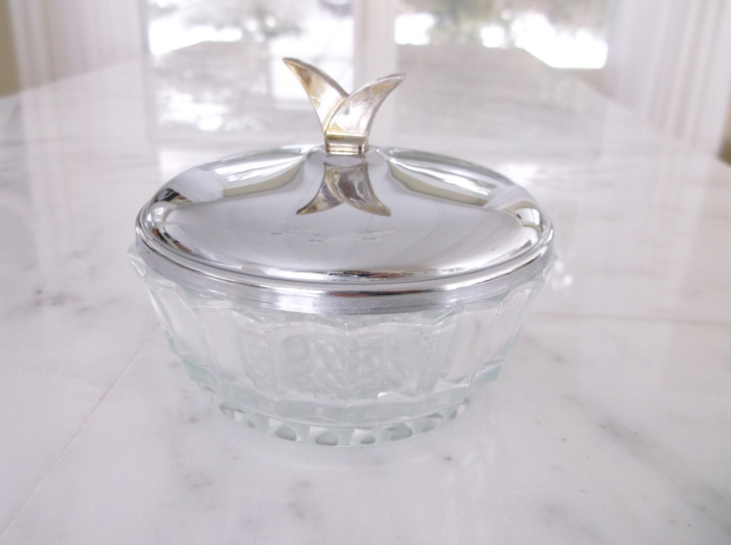 Vintage glass bowl round silver lid top with art deco knob