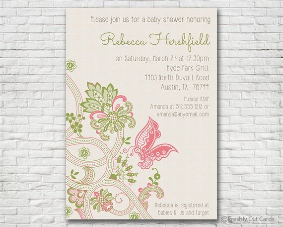 Butterfly and Flowers Baby Shower Invitation - Printable or Printed (w/ FREE Envelopes) Il_570xn