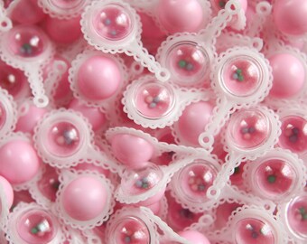Miniature Baby Rattle Charms - Pink Plastic Vintage-Style Baby Shower Embellishments, 10 Pcs.
