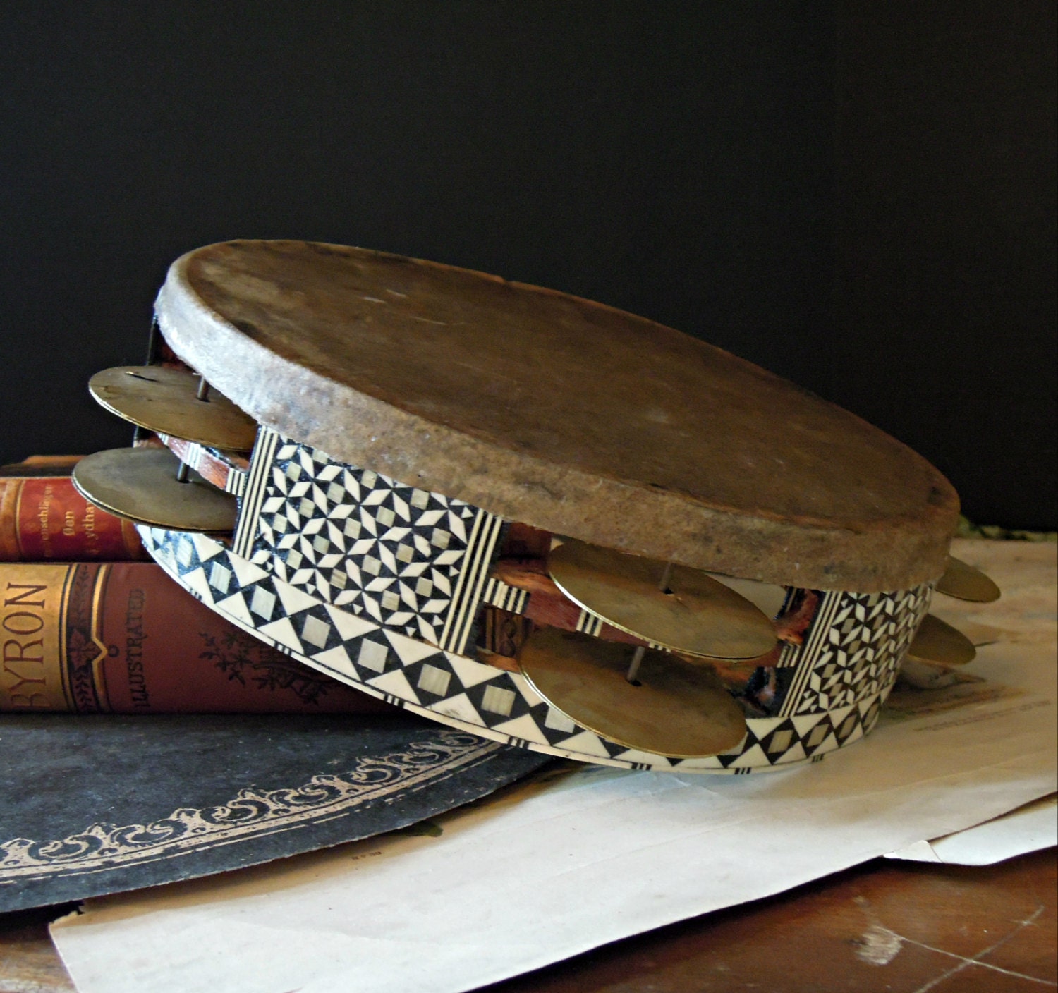 Vintage Tambourine / Turkish Inlaid Mother of Pearl and Wood