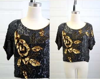 1980s Rose Sequin and Beaded Top