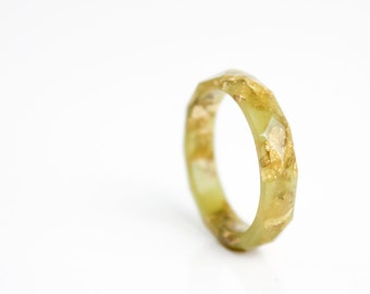 size 10 olive green resin ring metallic gold leaf geo faceted eco resin ring