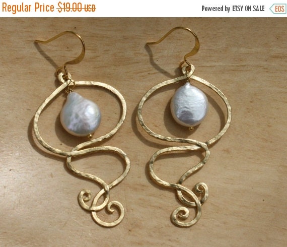 SALE: Swirly pearl drop earrings in gold with coin by GojoDesign