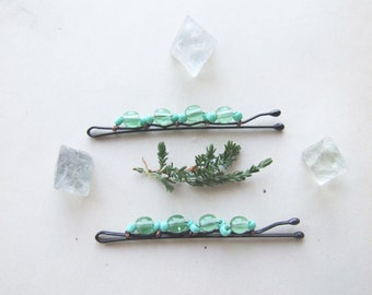 Mint Bobby Pins, Cute Rustic Mint Hair Pins, Green Mint Bobby Pin Set of 2