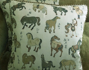 Nancy Corzine Brocade Fabric Custom Designer Throw Pillows Chinoise Horses Beige Pair New