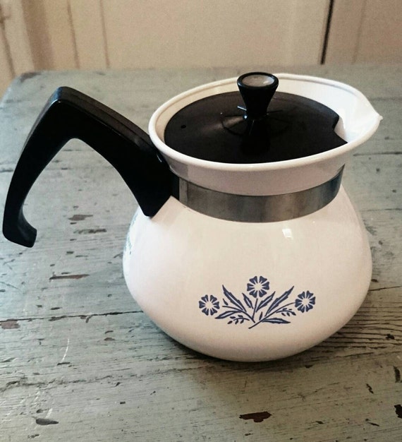 Vintage Corning Ware Coffee Pot With Blue Corn Flower Pattern.