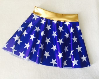 Girls Skirt Wonder Woman costume royal blue and white stars 6 9 12 18 24 months 2T 3T 4T 5T 5 6 7 8 9 10 11 12 Gold Baby Toddler Kids waist