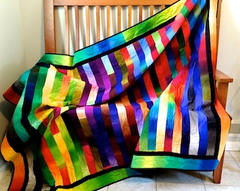 Modern Bright Quilted Lap Throw , Cottage Chic Ombre Fabrics , Rainbow Colors , Handmade Quilt For Sale - Fiber Art Wall Decor, Dorm Quilt