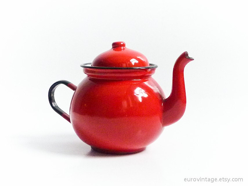 Vintage Red Enamel Teapot Tea Kettle 60s