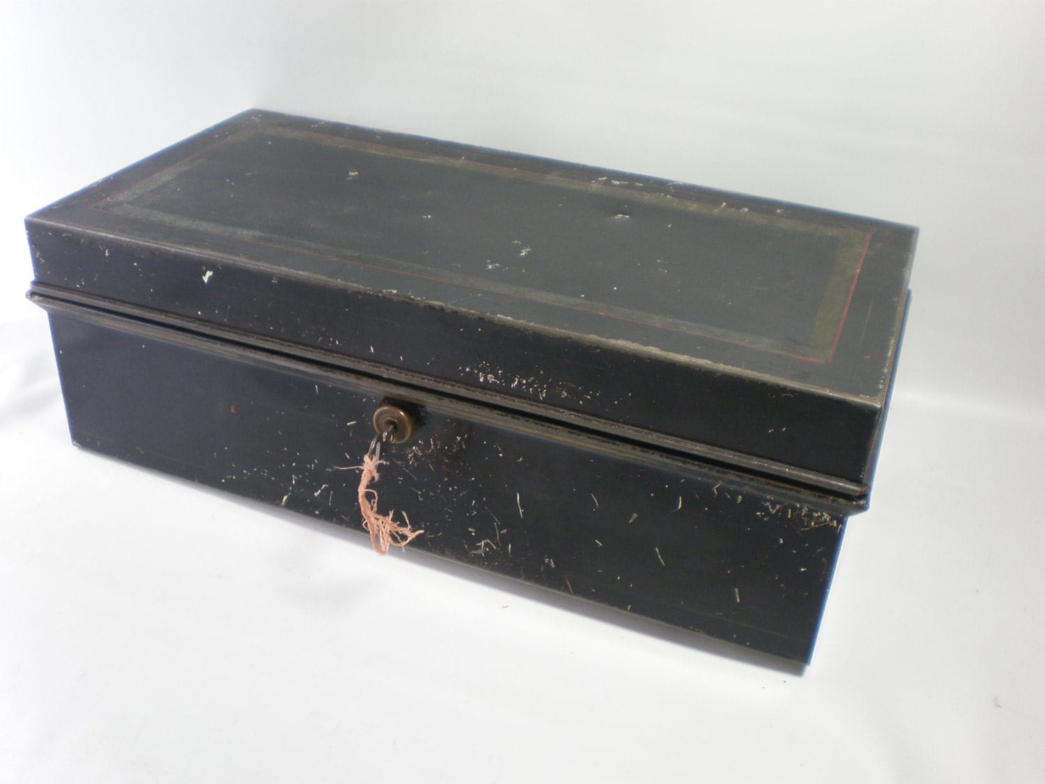 Vintage Wonderful Old Tin Bank Lock Box with Key
