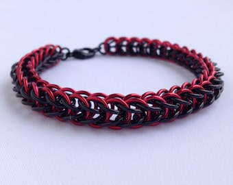 Mens Chainmail Bracelet, Full Persian Weave, Red and Black, Chainmaille Bracelet, Full Persian, Handmade Chainmail, Snake Bracelet, Canada
