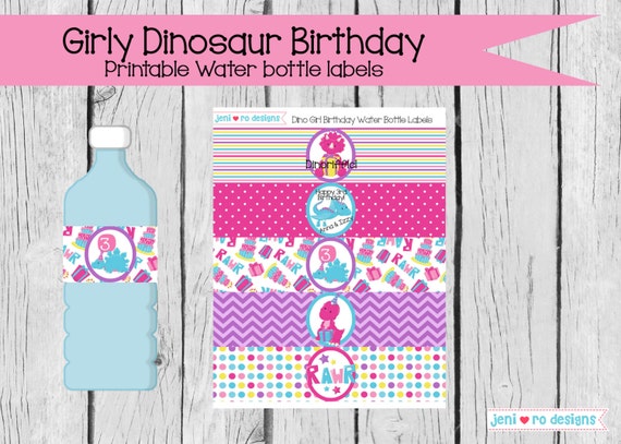 girly dinosaur birthday printable water bottle labels