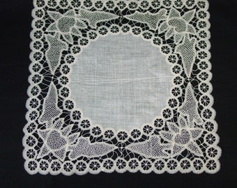 Antique Bridal, Wedding Hanky, Handkerchief Exquisite Hand Made Lace, Ecru, 12"