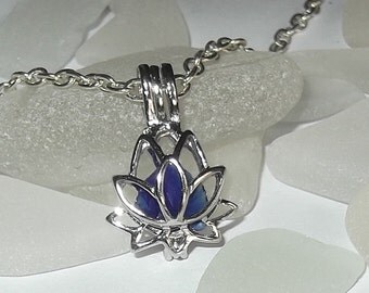 Lotus flower locket with blue sea glass. Beach glass locket - Sea glass Jewel