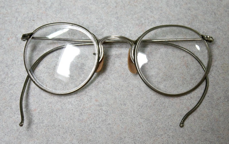 Antique Vintage Eyeglasses Spectacles 30s Metal Wire Frame Round Lenses Wrap Around 9428