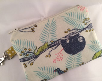 Sloth Zippered Pouch, Notions Case, Wallet, Vegan Gift, Handmade