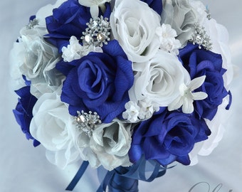 17 Piece Package Wedding Bouquet Bride Silk Flowers Bridal Bouquets Decorations Centerpieces Navy BLUE SILVER WHITE "Lily of Angeles" BLSI01