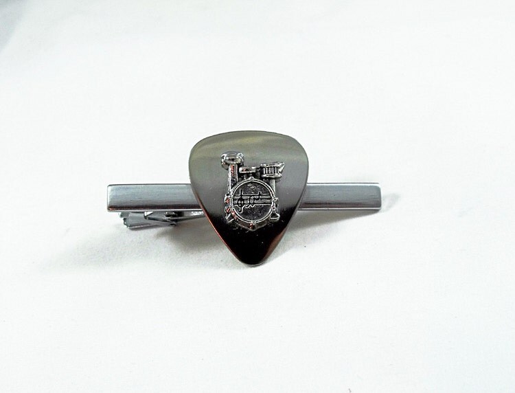 Tie Clip Tie Bar Silver Guitar Pick and Drum Set by