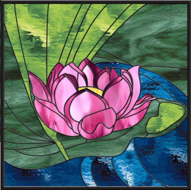 missygiff Custom Stained Glass Window Panel lily pad with hot