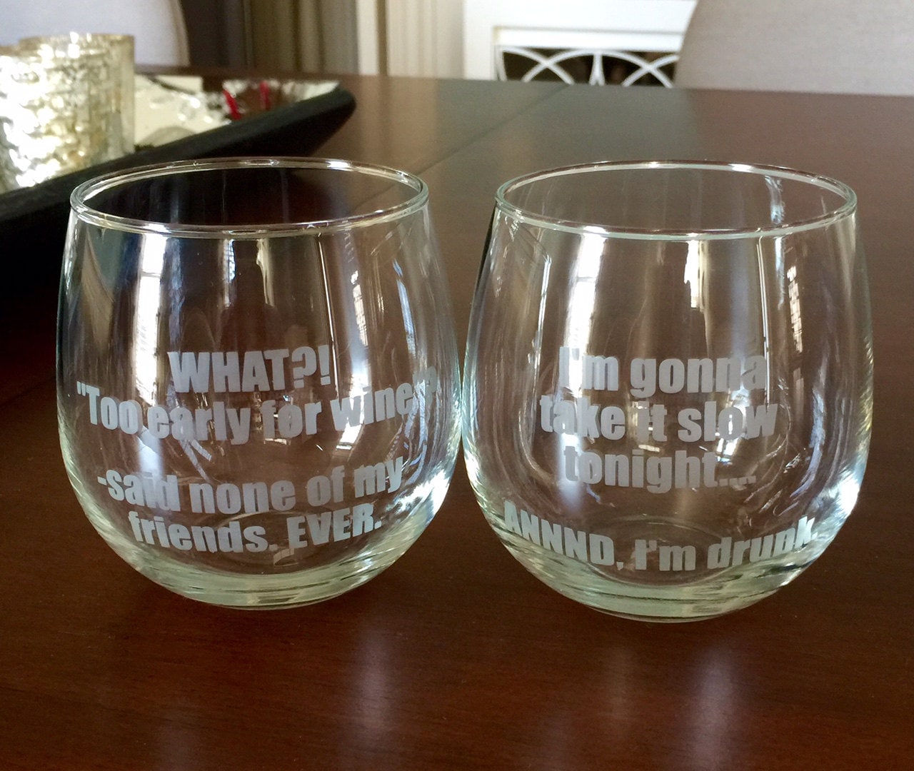 Set of TWO Etched stemless Red Wine Glasses with funny