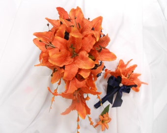 Stargazer Lily Cascade Bridal Bouquet. Orange lilies or Hot Pink fuschia lily. White calla lily Rose Waterfall Teardrop Bouquet Silk Flowers