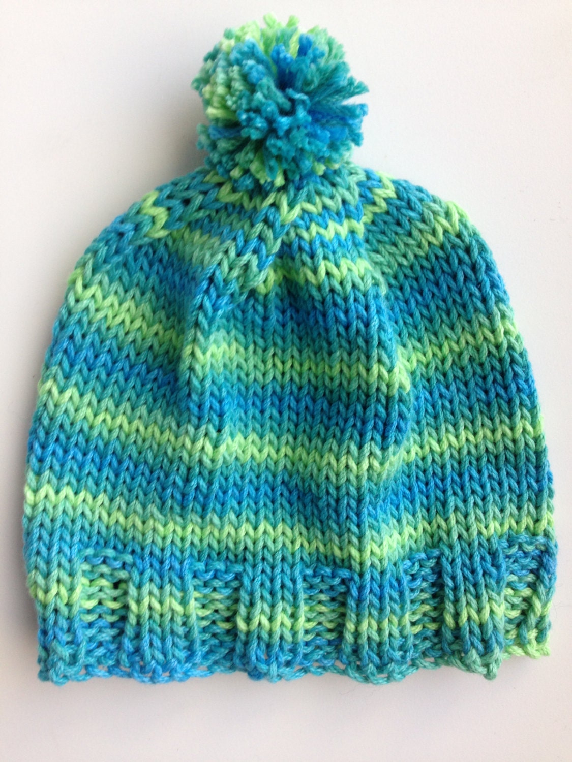 Cotton Handknit Baby Hat Turquoise and Lime. One o a Kind